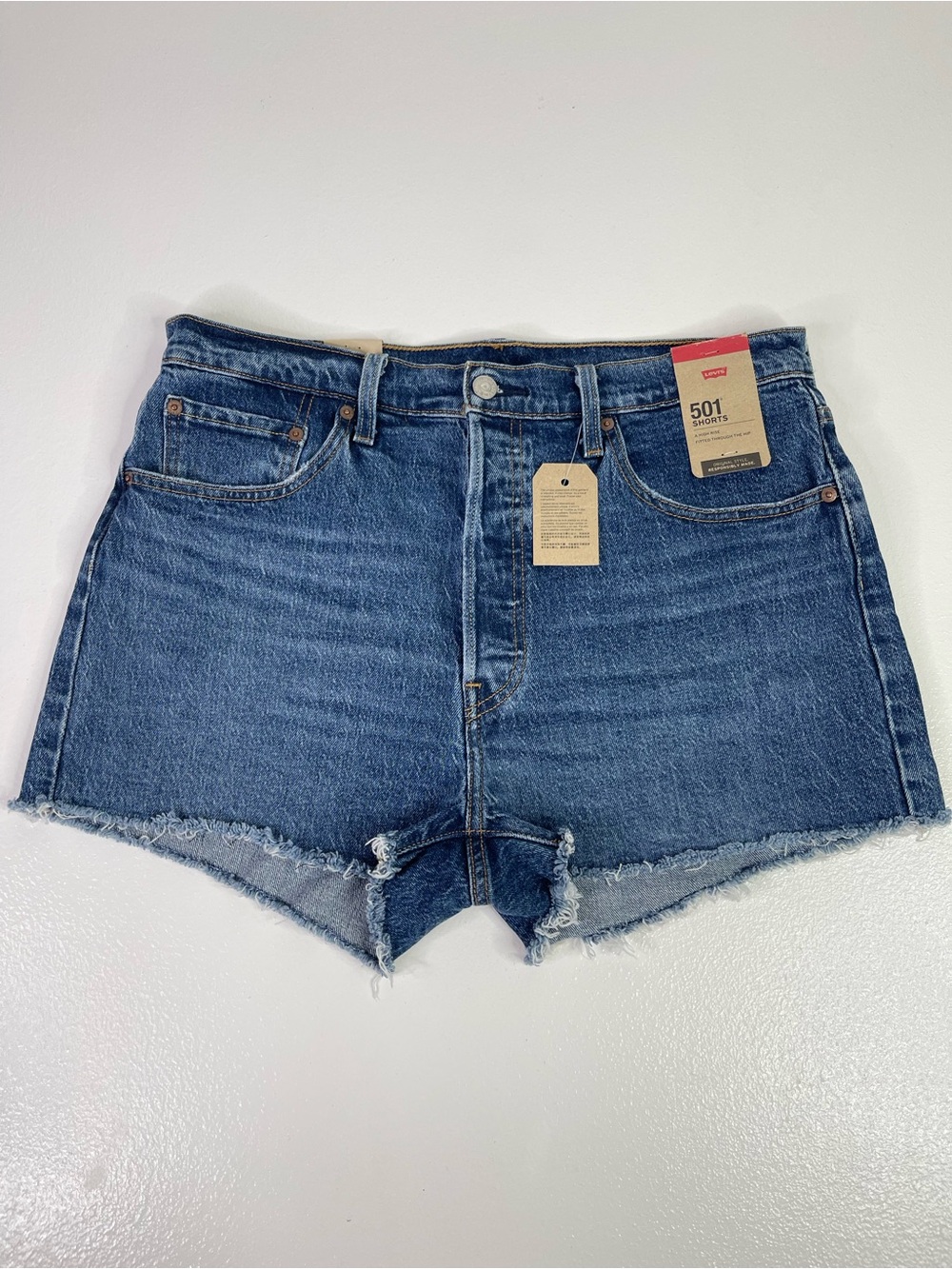 NWT Levis 501 Mid Thigh Denim Shorts Womens 33 High Rise Cut Off Jean